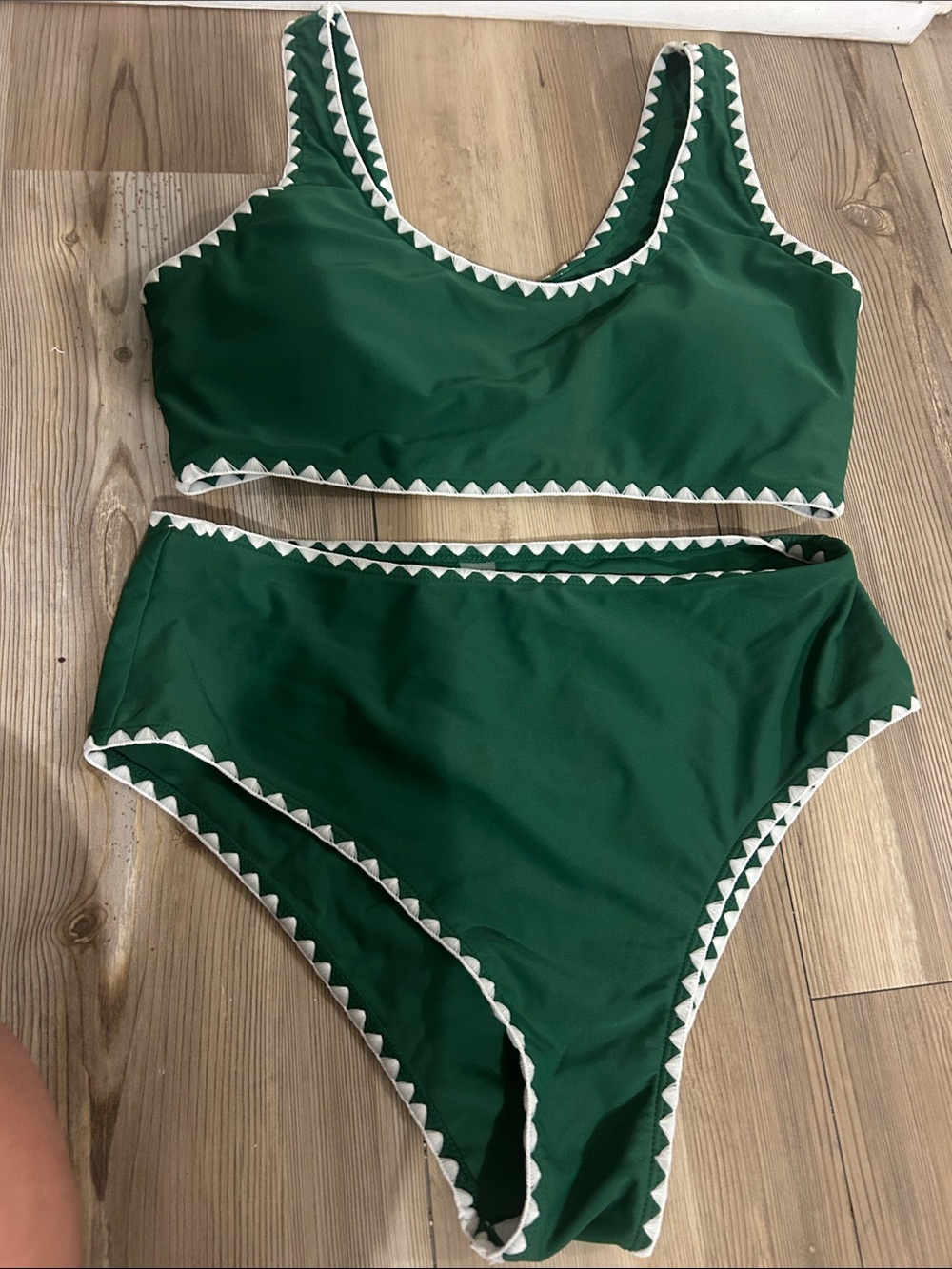 SHEIN Green High-Waist Bikini with White Trim
